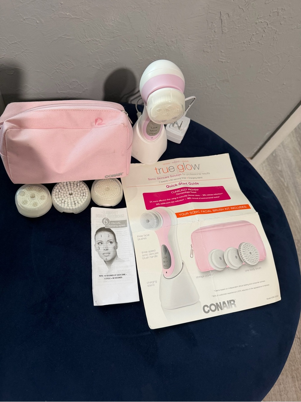 Conair True Glow Pink Facial Cleansing Brush with Brush Head Set Open box